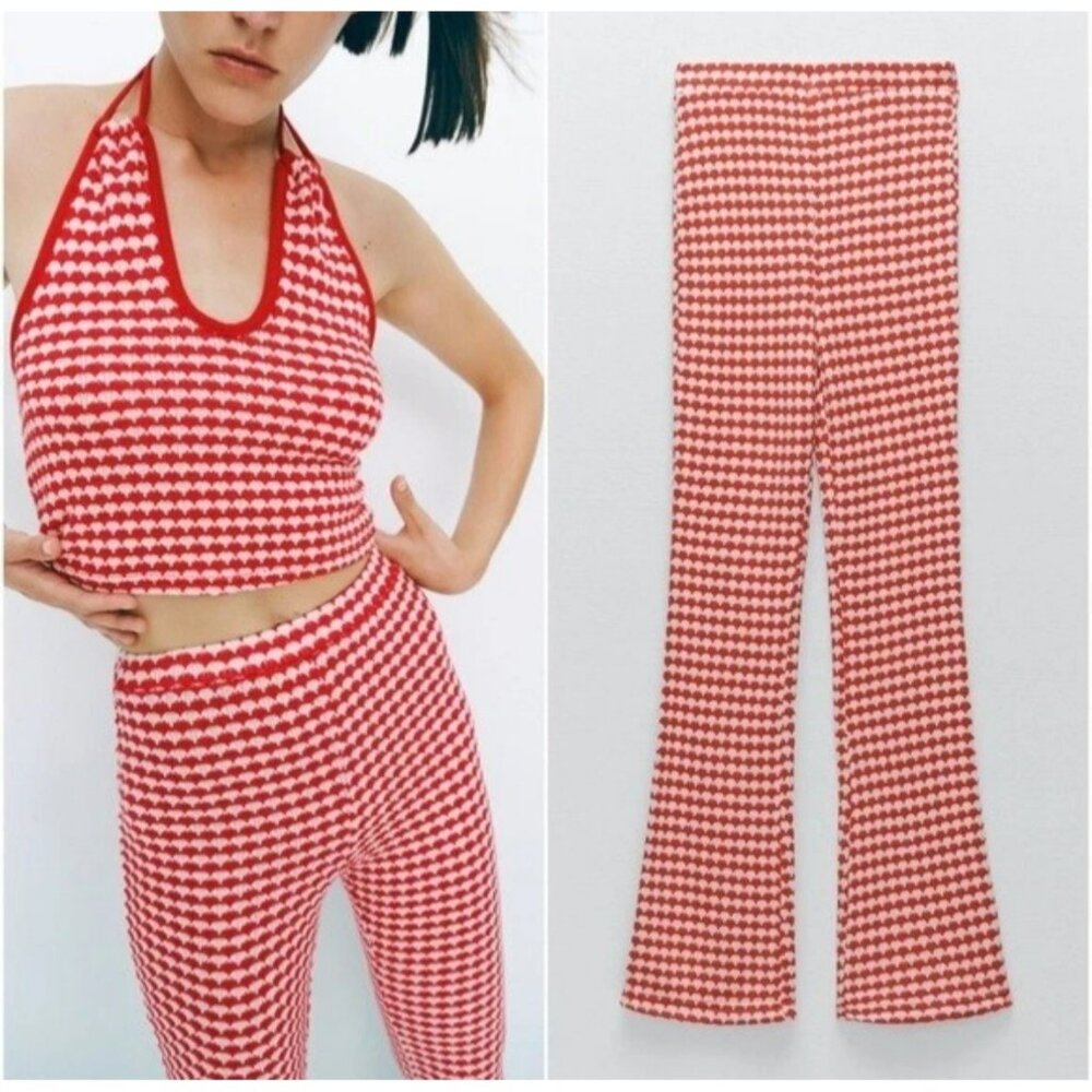 Zara Red & White Knit Flared Sweater Holiday Pants Size M